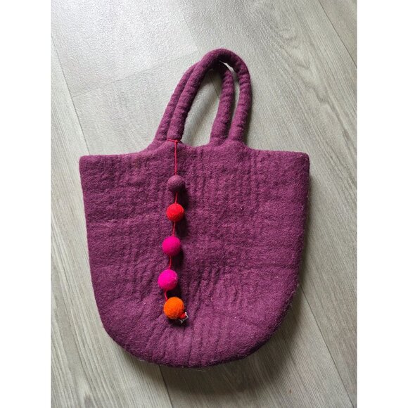 Handcrafted Wool Felt Tote Bag With Pom-Pom Accents - Purple - Picture 2 of 5